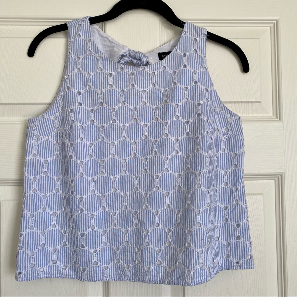 Banana Republic Blue White Striped Cotton Eyelet Open Back Bow Crop Top Sz XS
